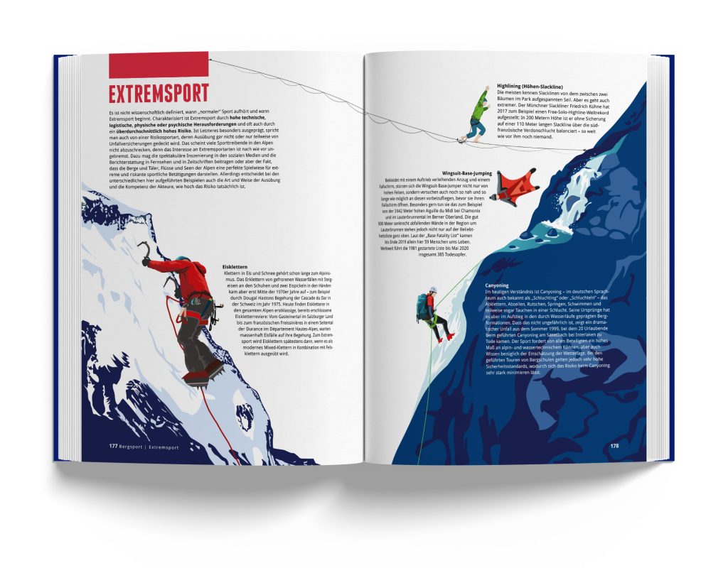 Illustration von den Extremsportarten der Alpen aus Das Alpenbuch